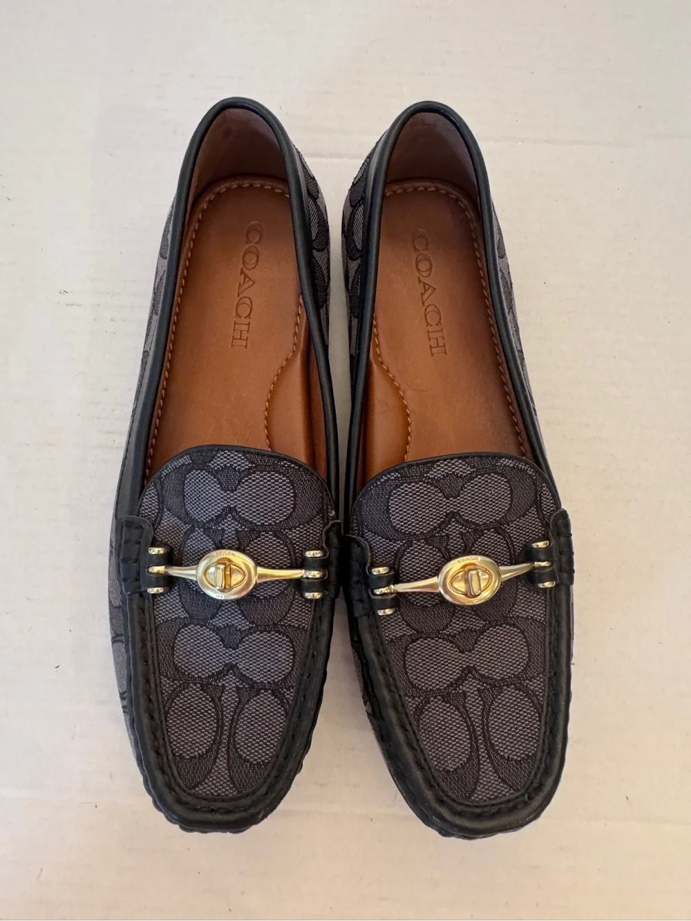Coach Crosby Driver Loafers Signature Jacquard Turnlock Black Grey Shoes Size 7B